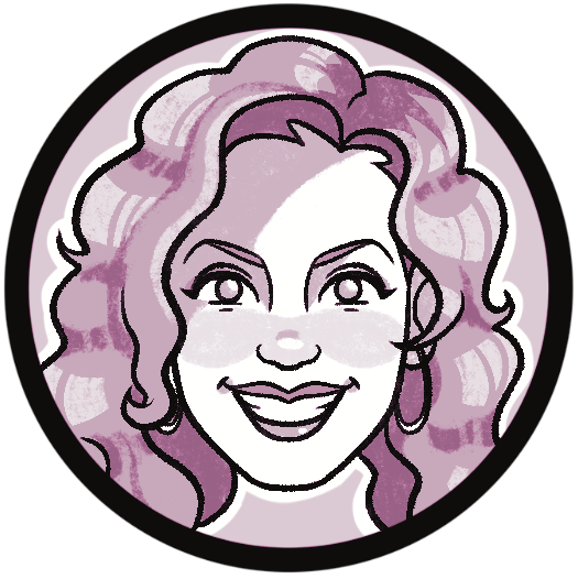 Rose-pink cartoon illustration of a white woman with curly hair, hoop earrings, and a smile