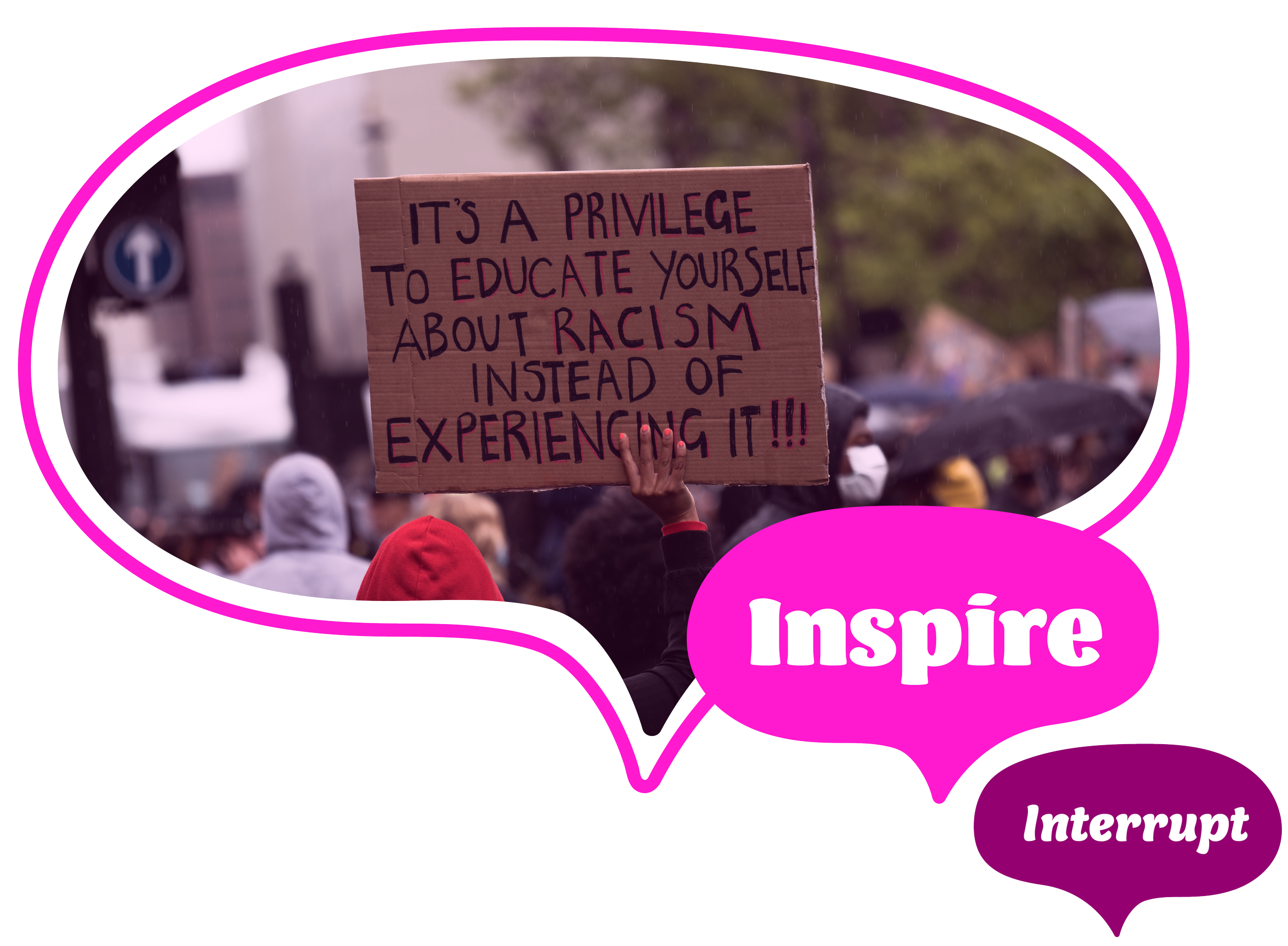 A speech bubble showing the back of a Black woman holding a protest sign that says, "It's a privilege to educate yourself about racism instead of experiencing it!!!" The words "Inspire" and "Interrupt" appear in separate speech bubbles.