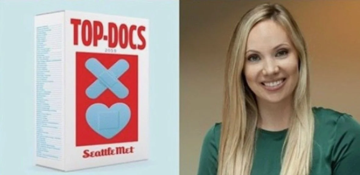 Split image of a boxed product labeled 'Top-Docs 2019' with the SeattleMet logo on the left, and a smiling blonde woman wearing a green top on the right.