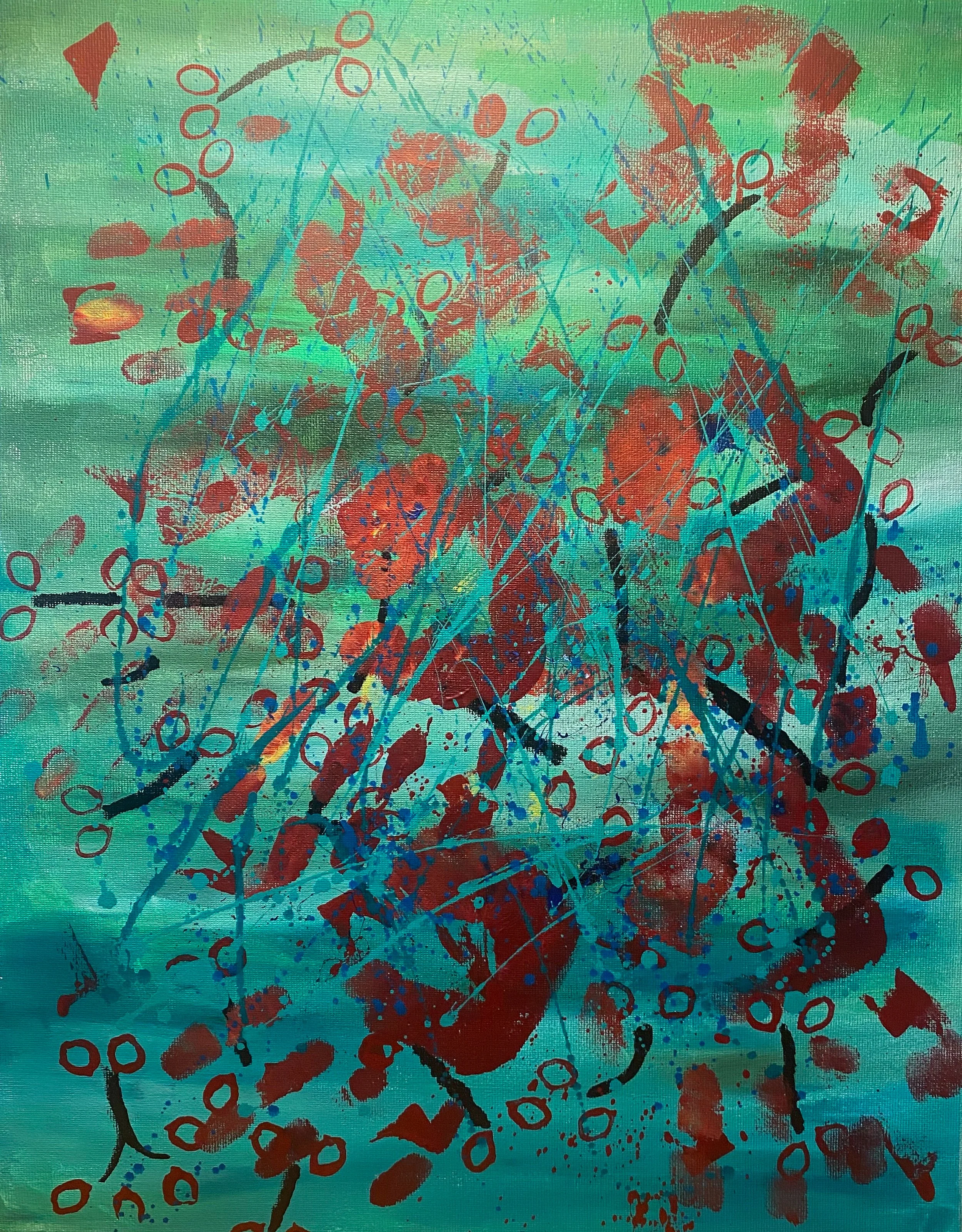 Ein abstraktes Kunstwerk mit dem Titel „Hände an Glas“ von JJ Art Gallery. Das Bild zeigt einen Hintergrund in verschiedenen Grüntönen, auf dem rote Handabdrücke und organische Formen verteilt sind.