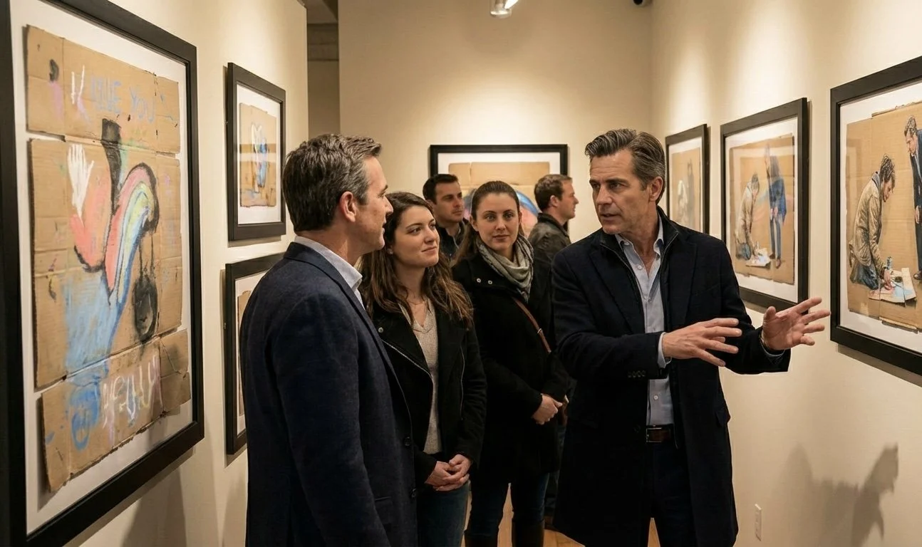 Mehrere Menschen in einem Kunstmuseum betrachten und diskutieren über die ausgestellte Kunstwerke an den Wänden.