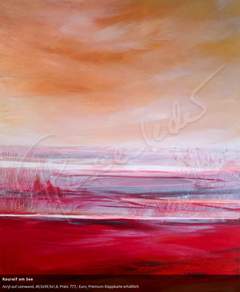 Abstraktes Gemälde mit warmen Farbtönen, darunter Orange, Rosa, Violett und Rot, mit wellenförmigen Mustern und zarten Linien.