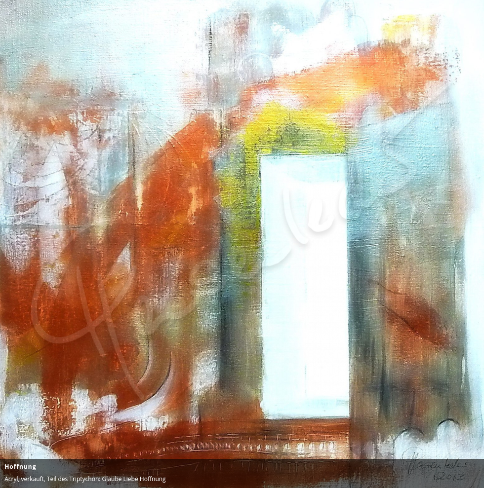 Abstraktes Gemälde mit warmen Orangetönen, Grüntönen und einem weißen, leeren Rahmungsbereich in der Mitte.