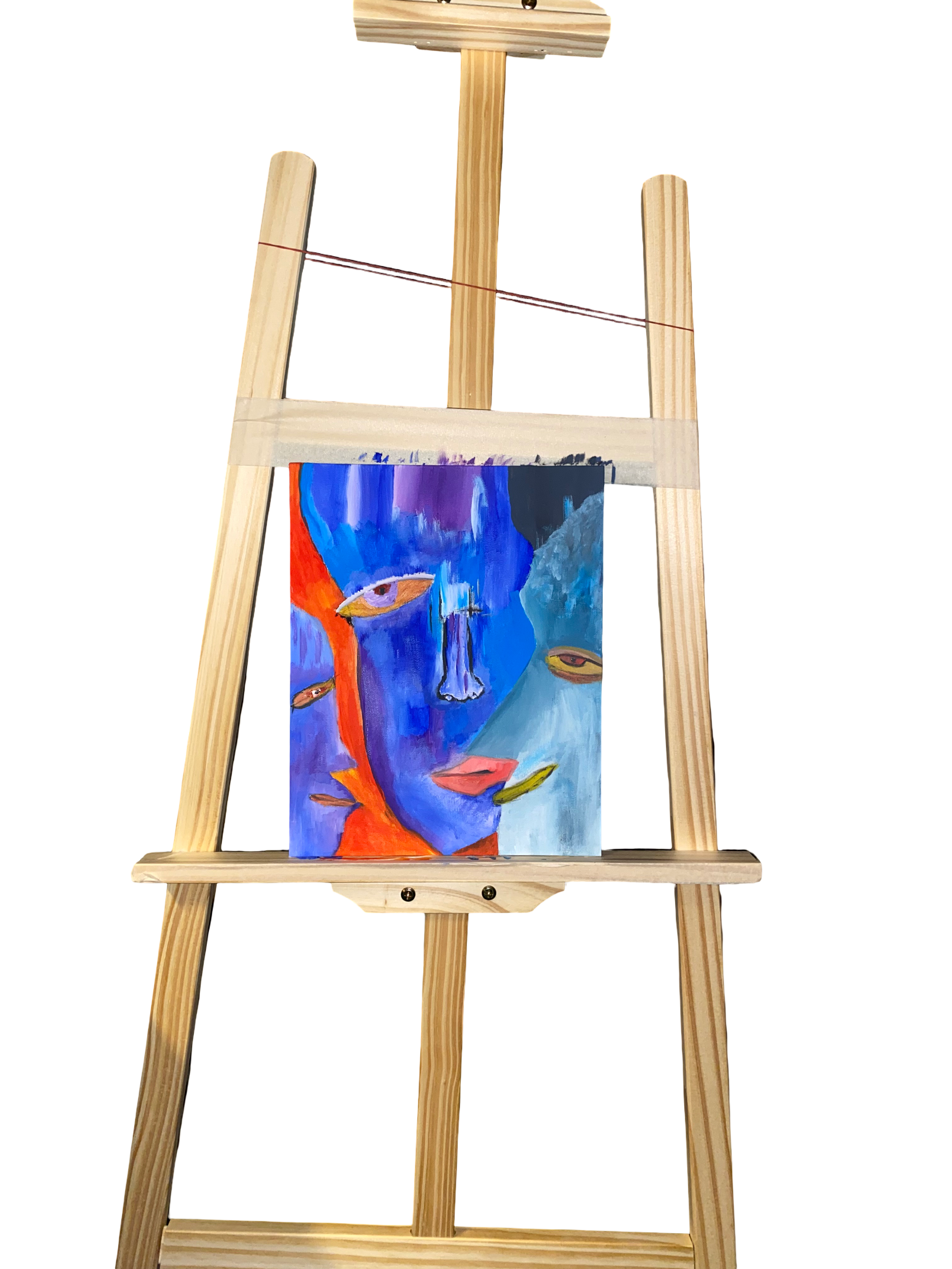 Ein expressionistisches Gemälde mit dem Titel „Fragmente einer Seele“ von JJ Art Gallery auf einer Holzstaffelei. Das Bild zeigt abstrahierte Gesichtszüge in leuchtendem Blau, Violett und kontrastierendem Orange.