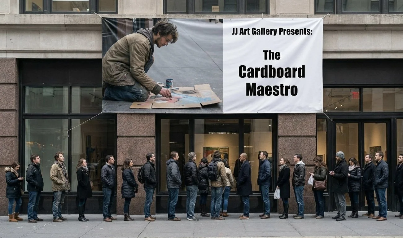 Menschen stehen in einer Menschenmenge draußen vor einer Galerie, die einen Plakat mit dem Text 'JJ Art Gallery Presents: The Cardboard Maestro' zeigt, während eine Person in der Galerie auf einem Boden sitzend, an einem Bild arbeitet.