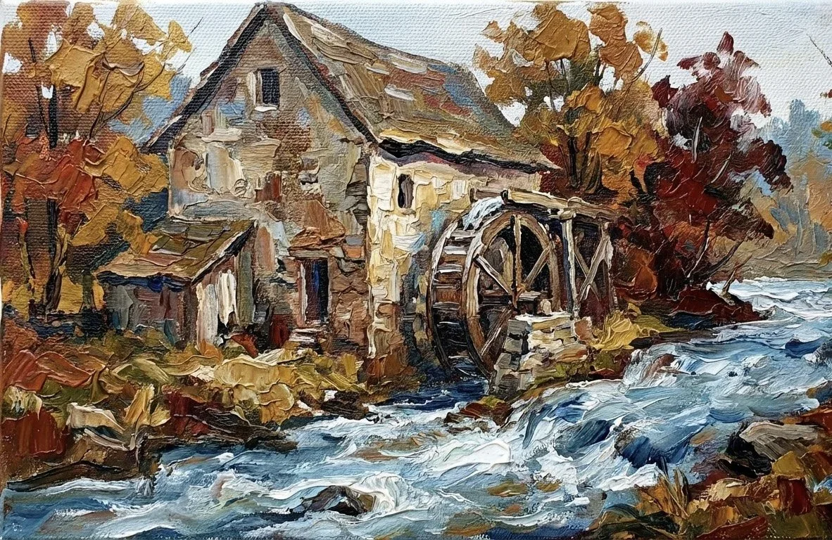 Ein herbstliches Ölgemälde mit dem Titel „Scheune im Herbst“ (tatsächlich eine historische Wassermühle) von J. Herrmann. Das Werk zeigt ein altes Steinhaus mit einem hölzernen Wasserrad an einem reißenden, blau-weißen Bach.