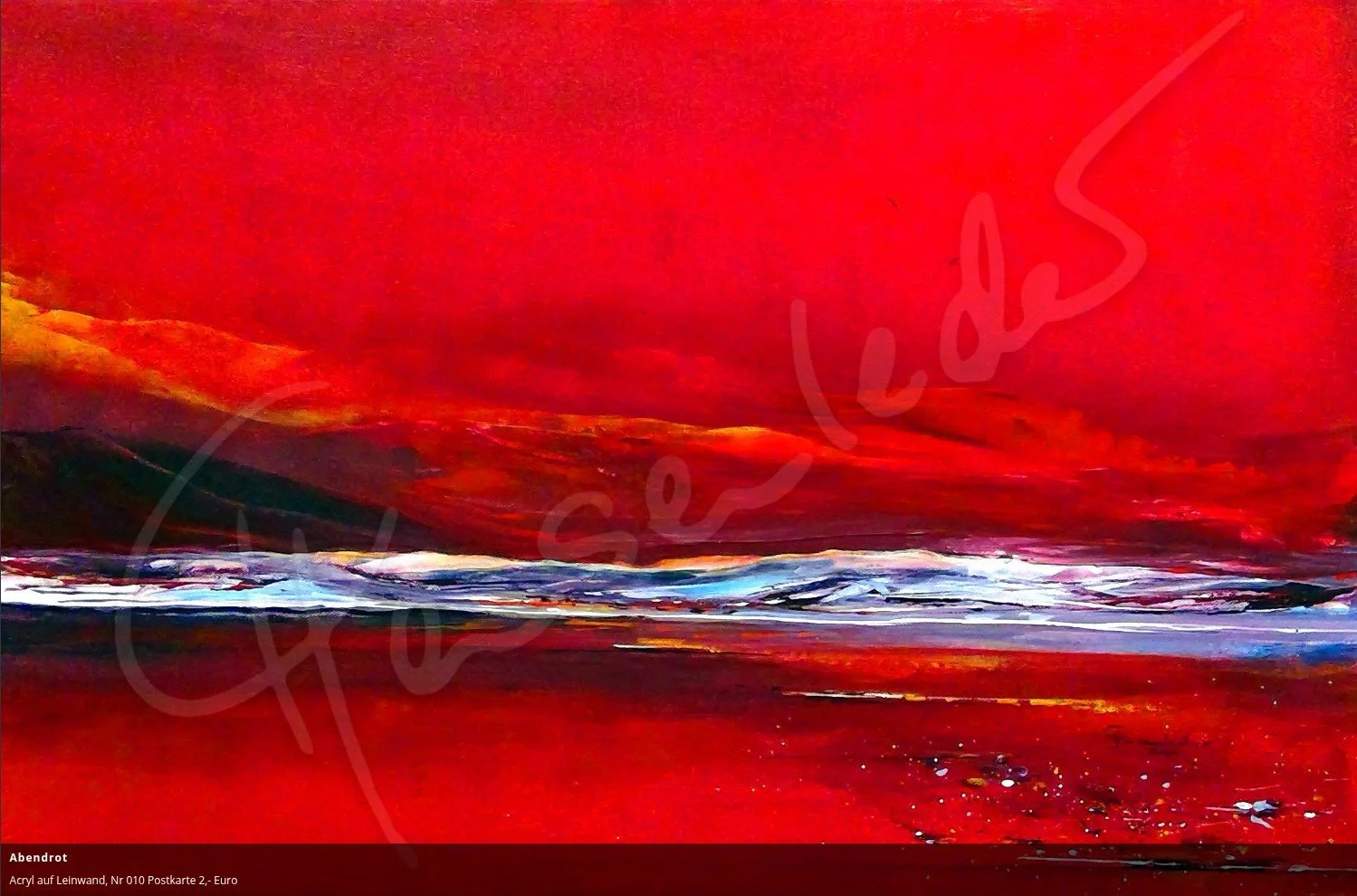 Abstraktes Gemälde einer roten Meeresküstenlandschaft mit Wellen, Himmel und Sand am Strand.