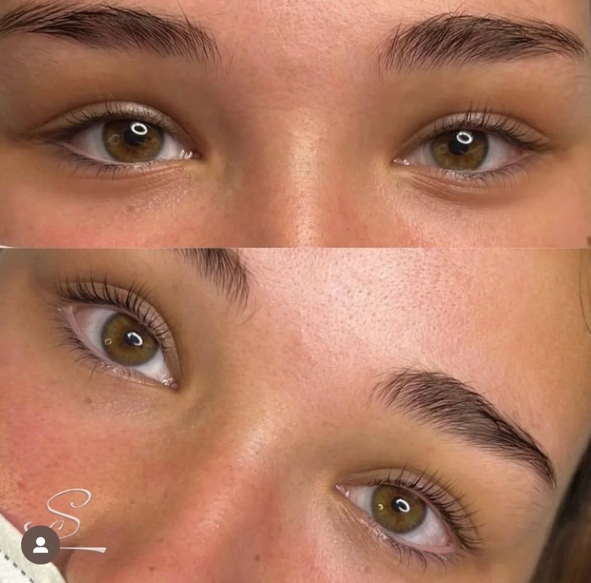 Close-up of a person's eyes and eyebrows, showcasing a before and after comparison of eyelash and eyebrow enhancement or makeup application.