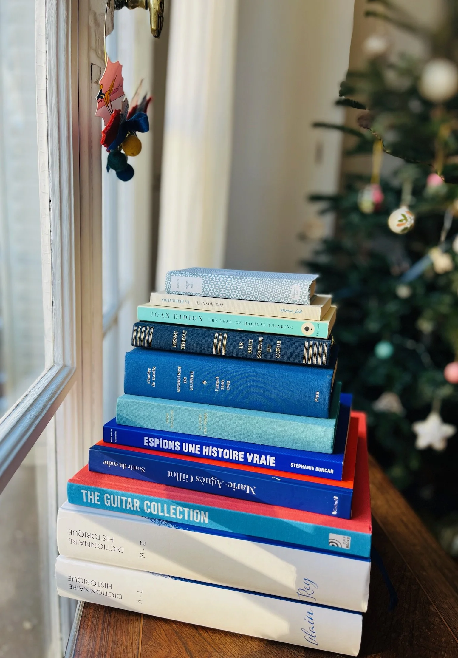 Une pile de livres empilés près d'une fenêtre, avec un sapin de Noël décoré en arrière-plan.
