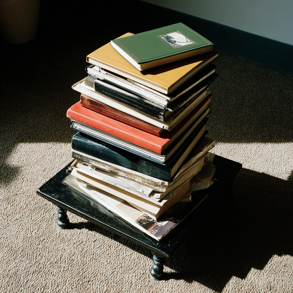 Un tas de livres empilés sur une petite table noire. La scène est éclairée par la lumière naturelle, créant des ombres sur le tapis beige.