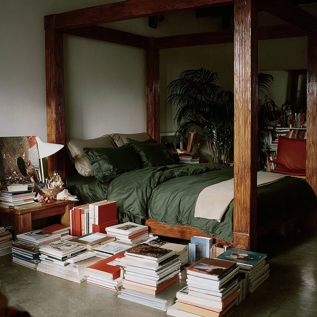 Chambre avec un lit à baldaquin en bois, literie verte et rideau beige, entourée de piles de livres sur le sol et de côté de table, une lampe et une grande plante derrière le lit.