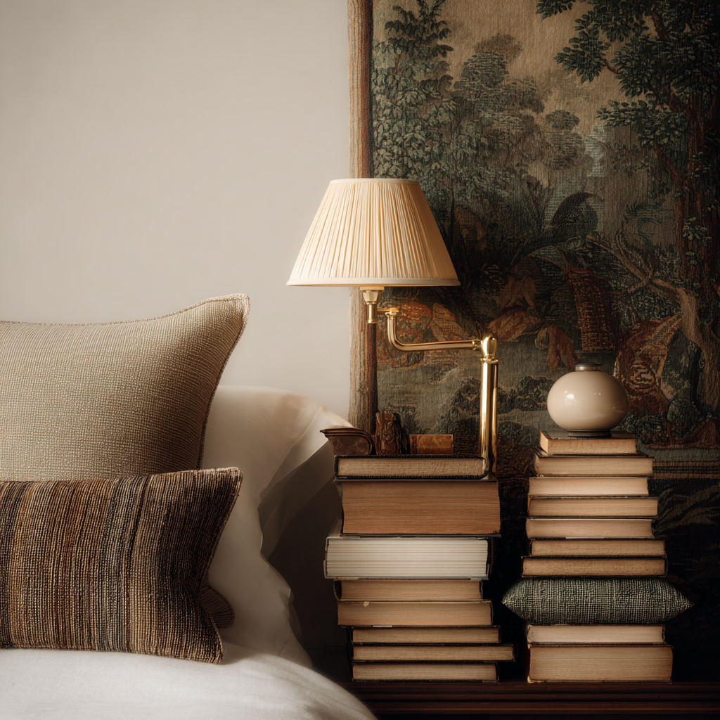 Une table de chevet en pile avec des livres, une lampe à abat-jour beige, une petite vase blanche, et un coussin tout en tissu à motifs, avec un tapis ou tapisserie en arrière-plan représentant une scène naturelle
