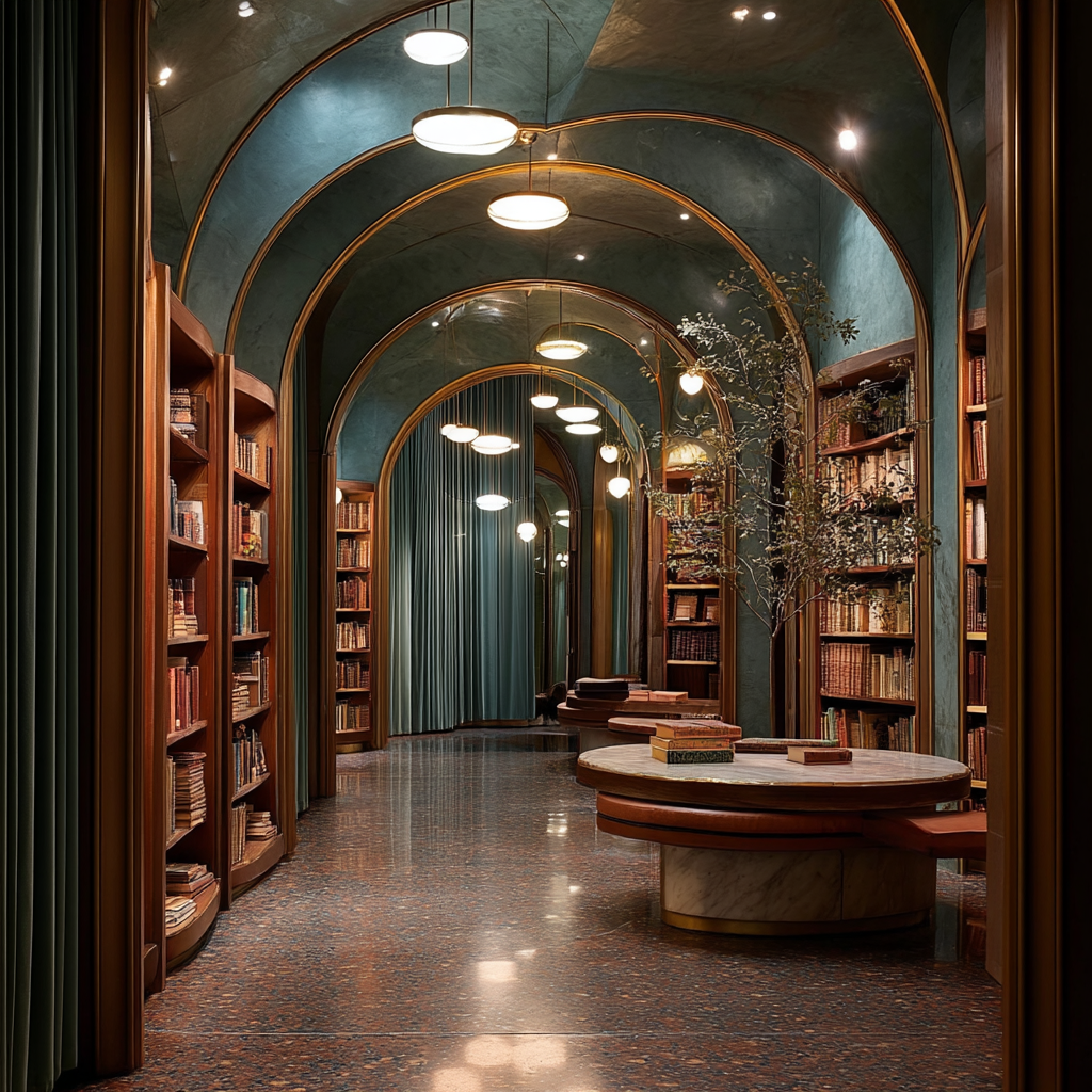 Une bibliothèque élégante avec des étagères en bois remplies de livres, un sol en marbre, des arches au plafond avec des lumières suspendues, et un rayon de soleil qui filtre à travers des rideaux bleus.