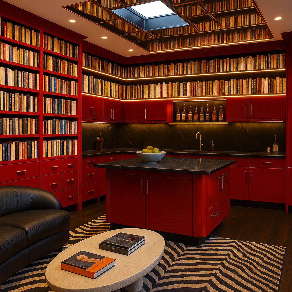 Une bibliothèque intérieure avec des étagères remplies de livres, un comptoir de cuisine rouge avec un plan de travail en pierre noire, un évier, des lampes encastrées, un plafond en bois avec des lampes intégrées, un tapis à motifs et un fauteuil no