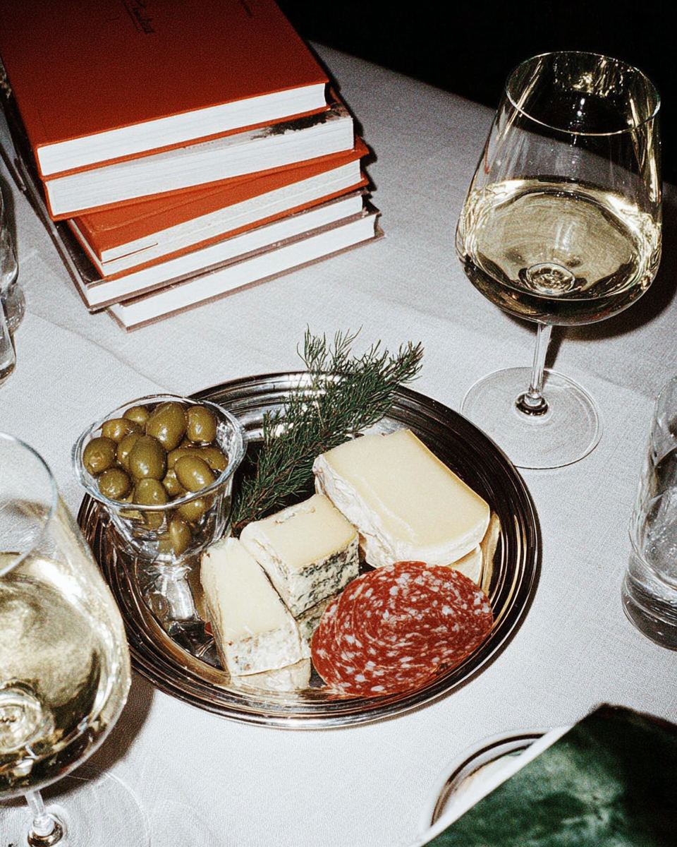 Plate de fromages, charcuterie, olives, branche de sapin, verres de vin blanc, livres empilés sur une table.