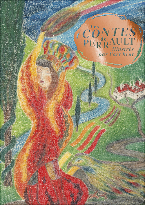 Couverture d'un livre illustré de contes, représentant une femme en robe rouge avec un turban coloré, un aigle ou un oiseau semblable, un cours d'eau, un ciel étoilé avec un arc-en-ciel, et un bâtiment blanc avec un toit rouge, avec un texte en franç