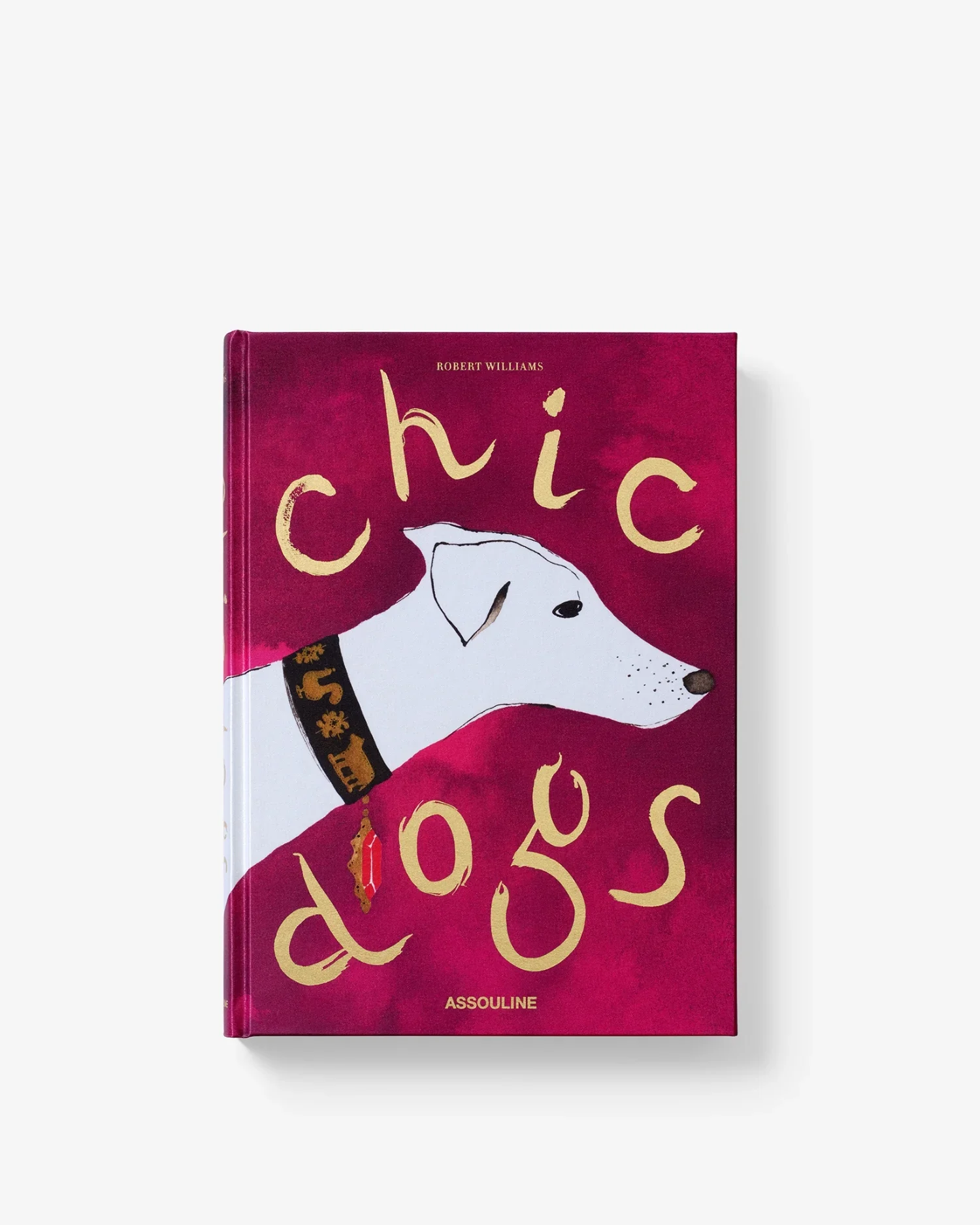 Couverture d'un livre avec un dessin d'un chien blanc portant un collier noir, le fond est rouge foncé avec le titre 'chic dog' en lettres cursives dorées.