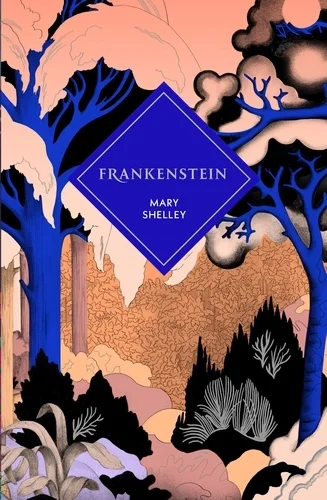 Couverture du livre "Frankenstein" de Mary Shelley avec un style artistique illustratif d'un paysage de forêt sombre avec des arbres, des nuages et des éléments fantastiques en couleur bleu, noir et beige.