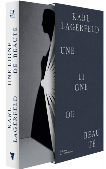 Couverture d'un livre intitulé 'Une élégante de beauté' de Karl Lagerfeld, avec un design noir, blanc et gris montrant un homme en silhouette et des éléments graphiques.