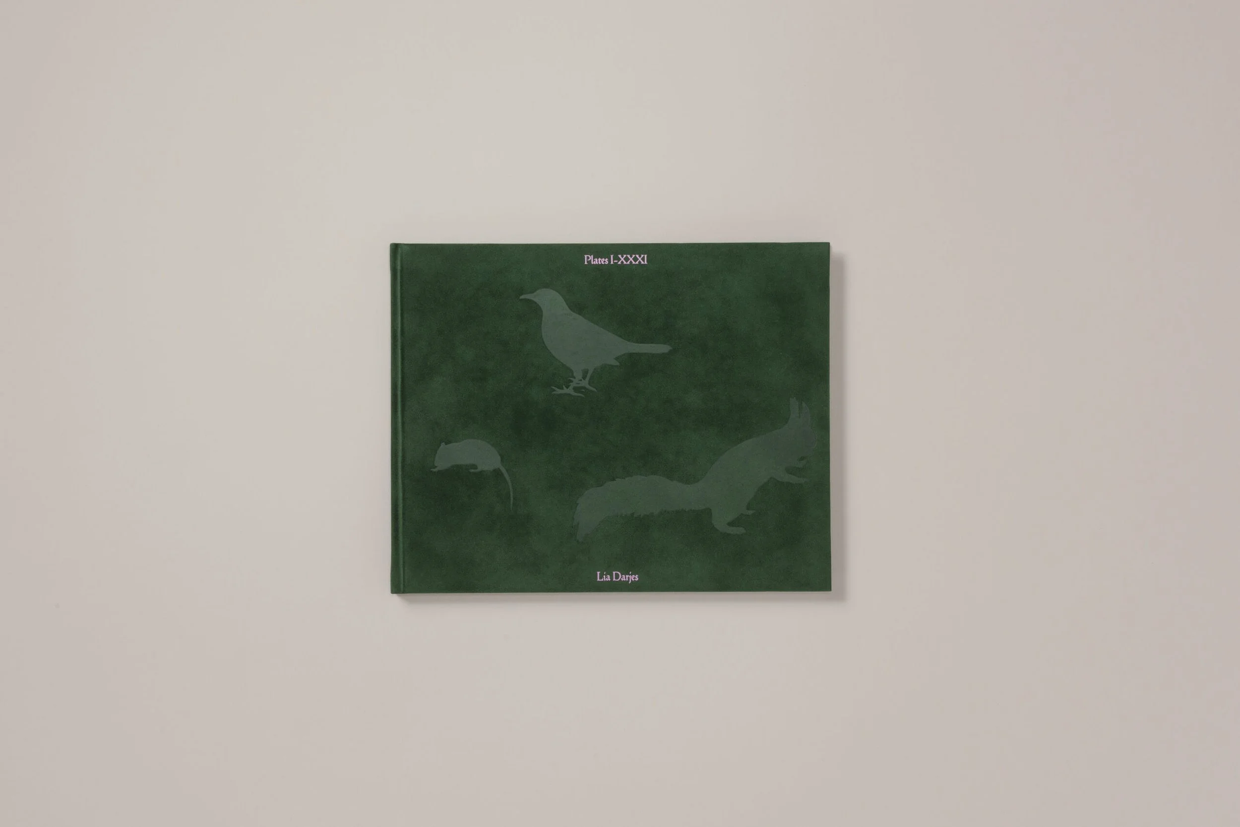 Couverture de livre verte avec illustrations de trois animaux : un oiseau, une souris et un salamandre, avec le titre 'Plates I-XXXVI' en haut et le nom 'Lia Daries' en bas.