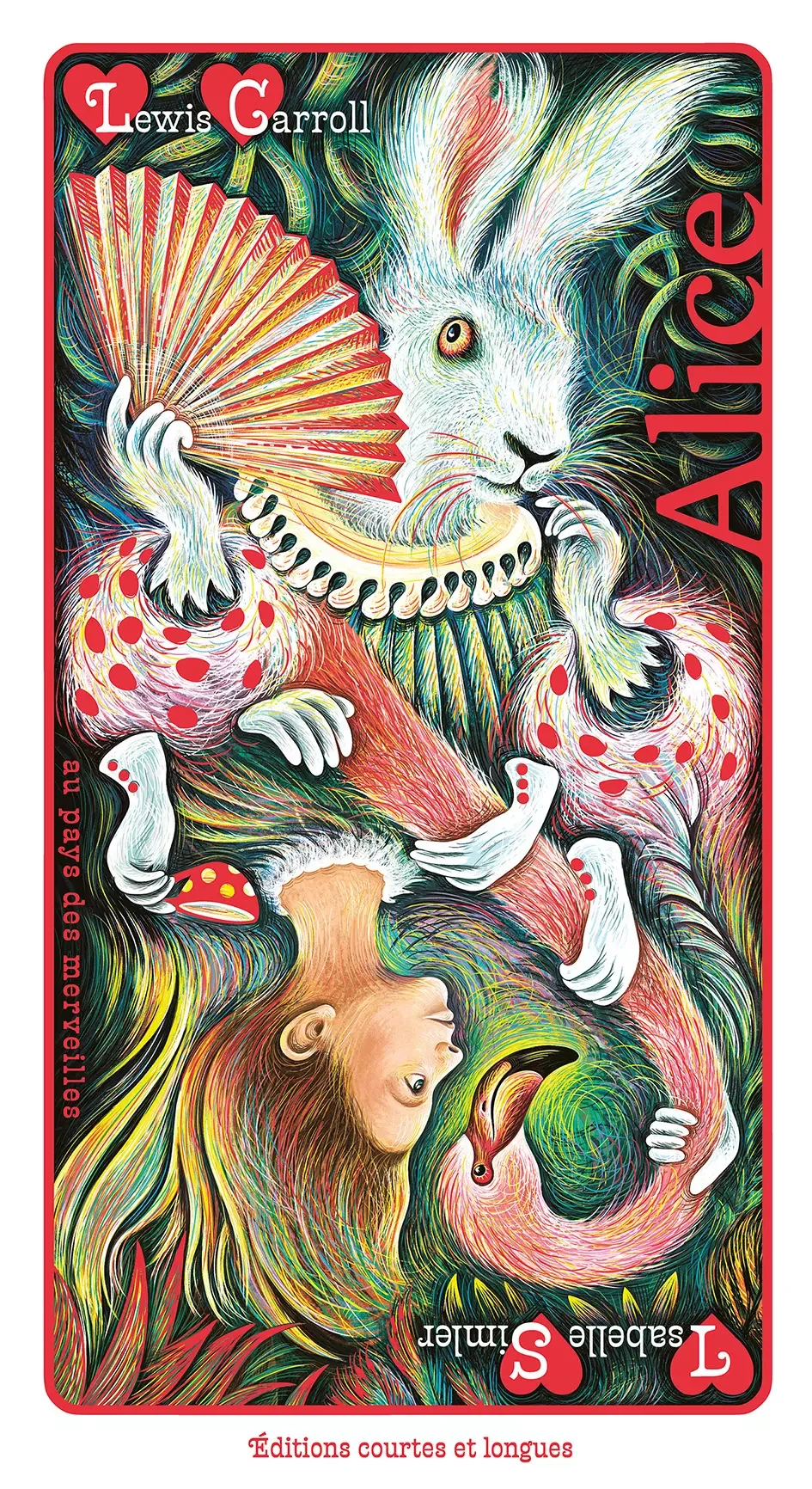 Une illustration colorée représentant un lion, une jeune femme, un serpent et d'autres éléments fantaisistes, inspirée d'une couverture de livre de Lewis Carroll.