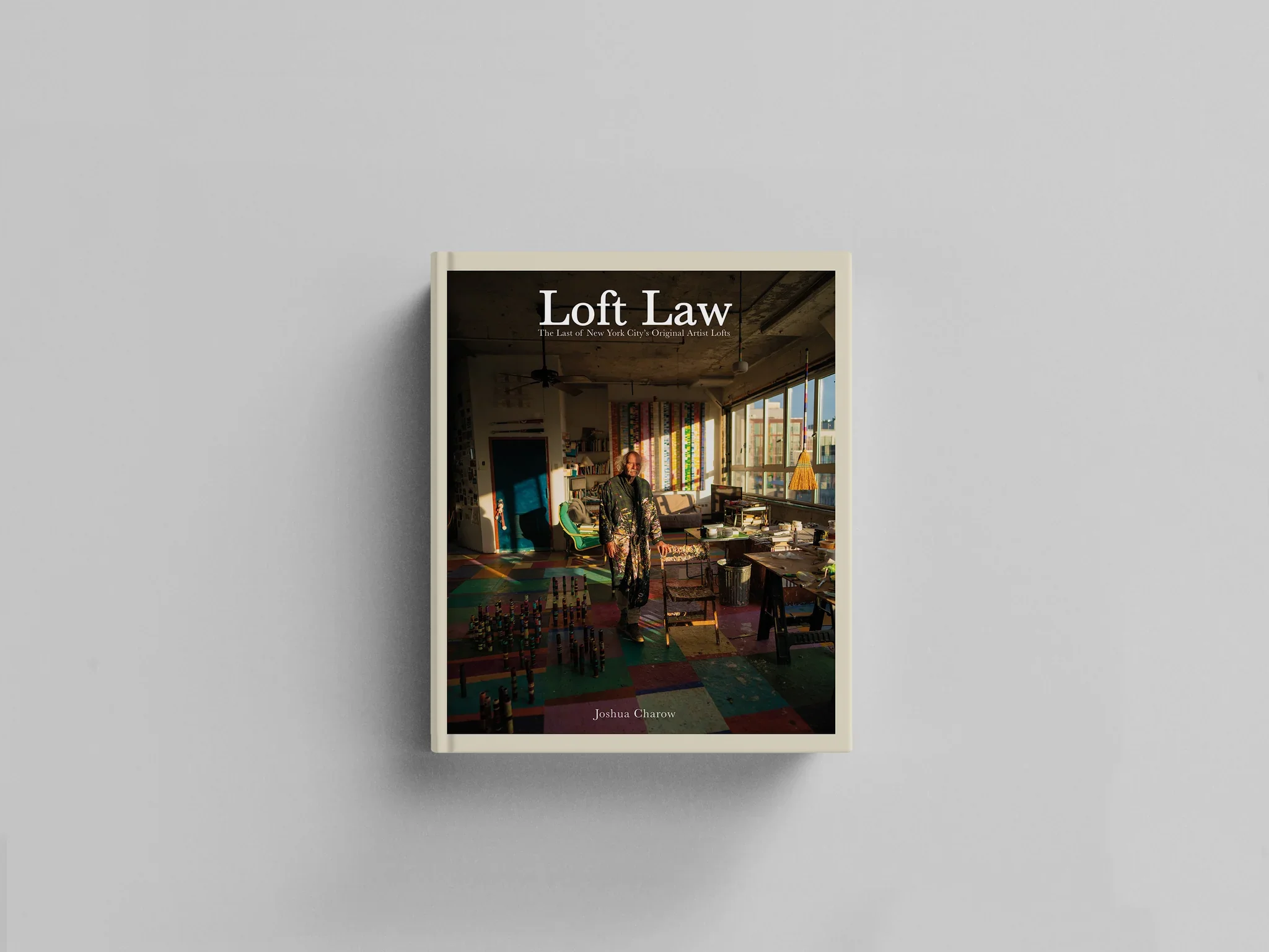 Couverture du livre "Loft Law" montrant un intérieur de loft avec une personne dans une pièce lumineuse, meubles et objets éclectiques, large fenestration laissant entrer la lumière naturelle.