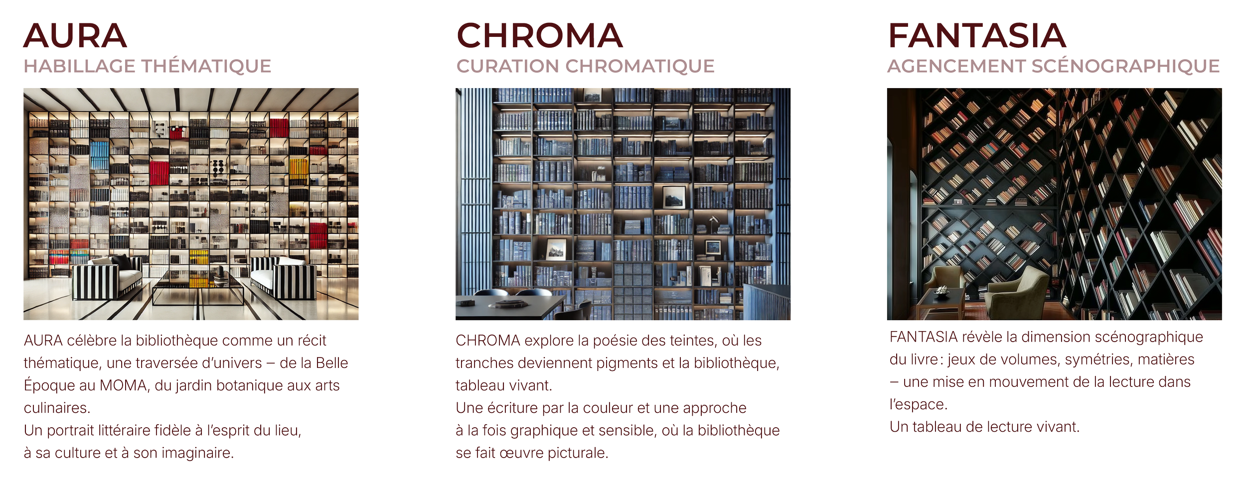 Trois sections de présentation de bibliothèques thématiques avec du texte descriptif en français et des images de bibliothèques modernes : une salle avec des étagères colorées, une bibliothèque avec de nombreux livres gris et une bibliothèque sombre avec des étagères en forme de triangles.