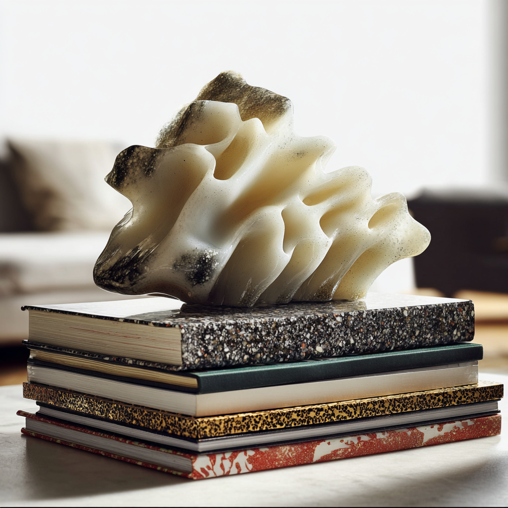 Une sculpture blanche en forme de nervure reposant sur un tas de livres empilés.