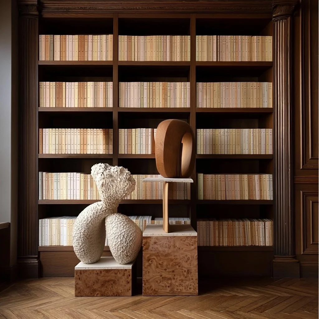Une bibliothèque en bois sombre avec huit étagères remplies de livres de couleur beige clair. En avant, deux sculptures modernes en pierre et en bois sont placées sur des bases de marbre beige, dans une pièce au sol en parquet en herringbone.