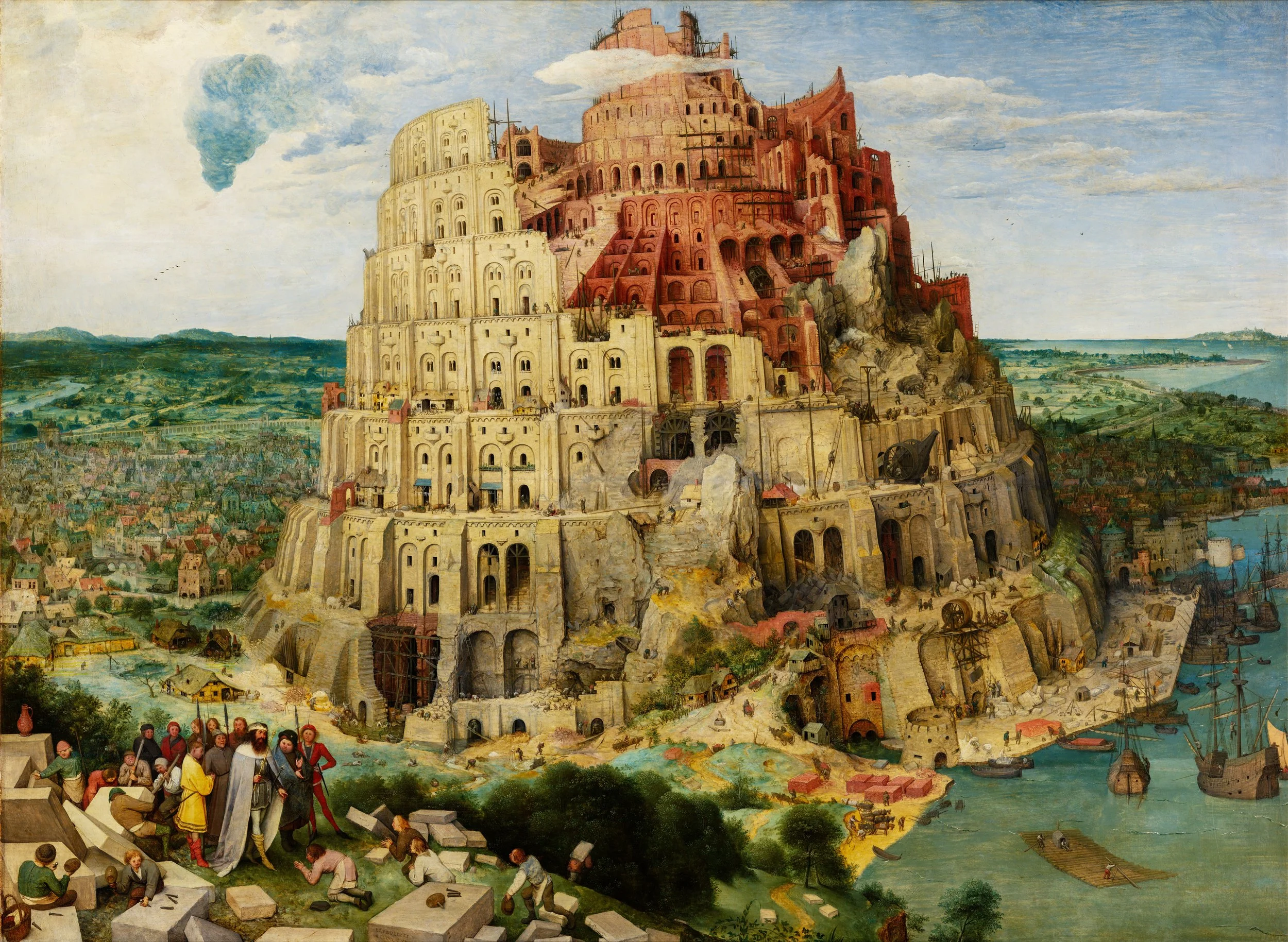 A painting of the Tower of Babel with a cityscape and river in the background. The tower is multi-colored, with tiered levels and scaffolding, and surrounded by workers and boats.