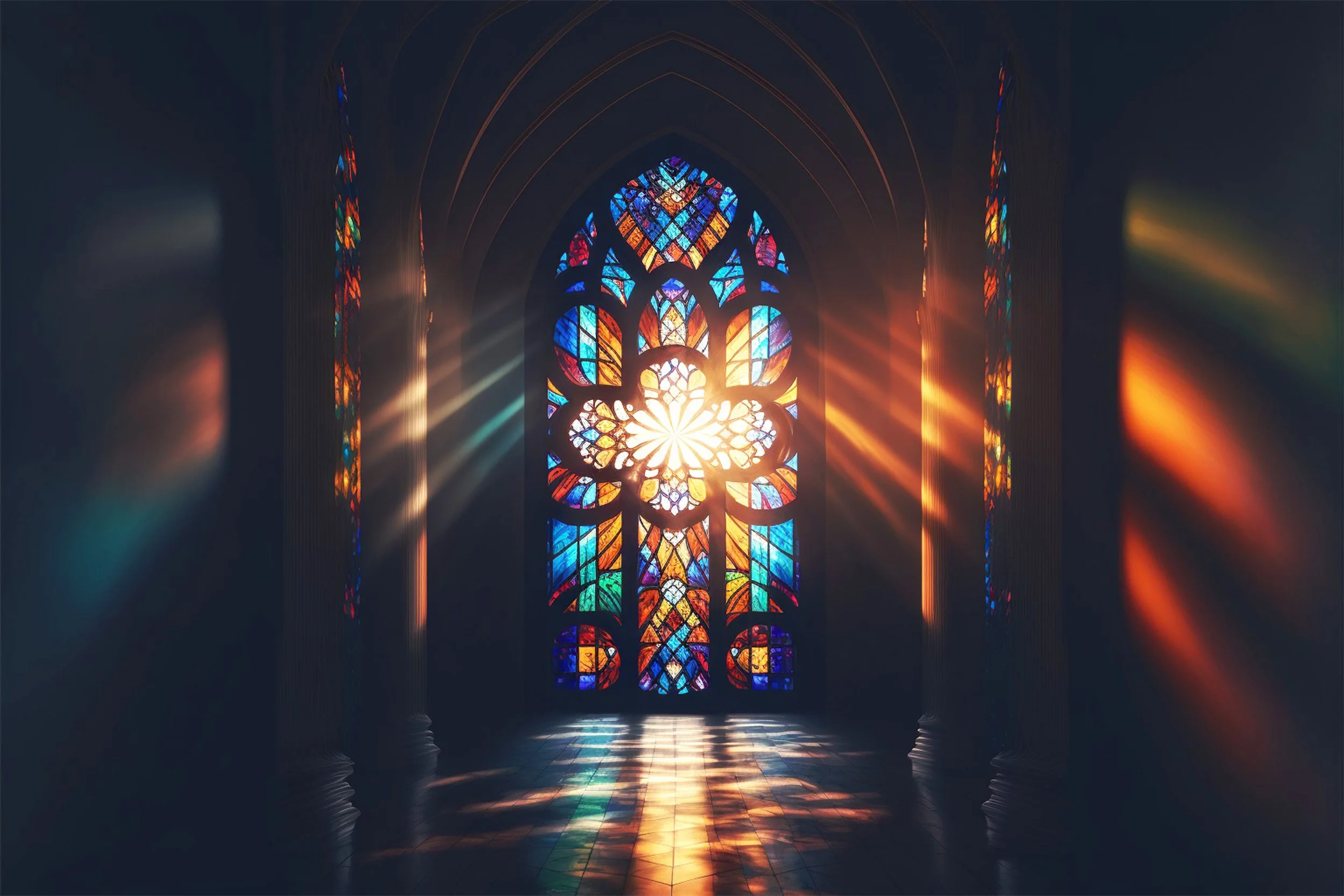 Sunlight shining through a stained glass window in a church, casting colorful reflections on the floor and walls.