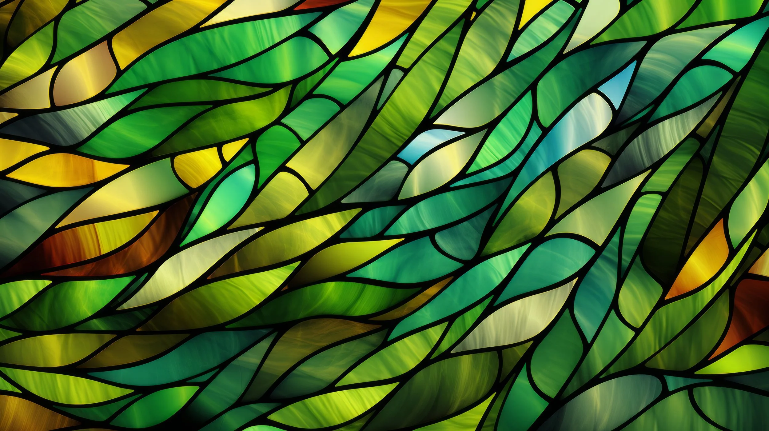 Colorful stained glass window with abstract leaf patterns in green, yellow, blue, and brown hues.