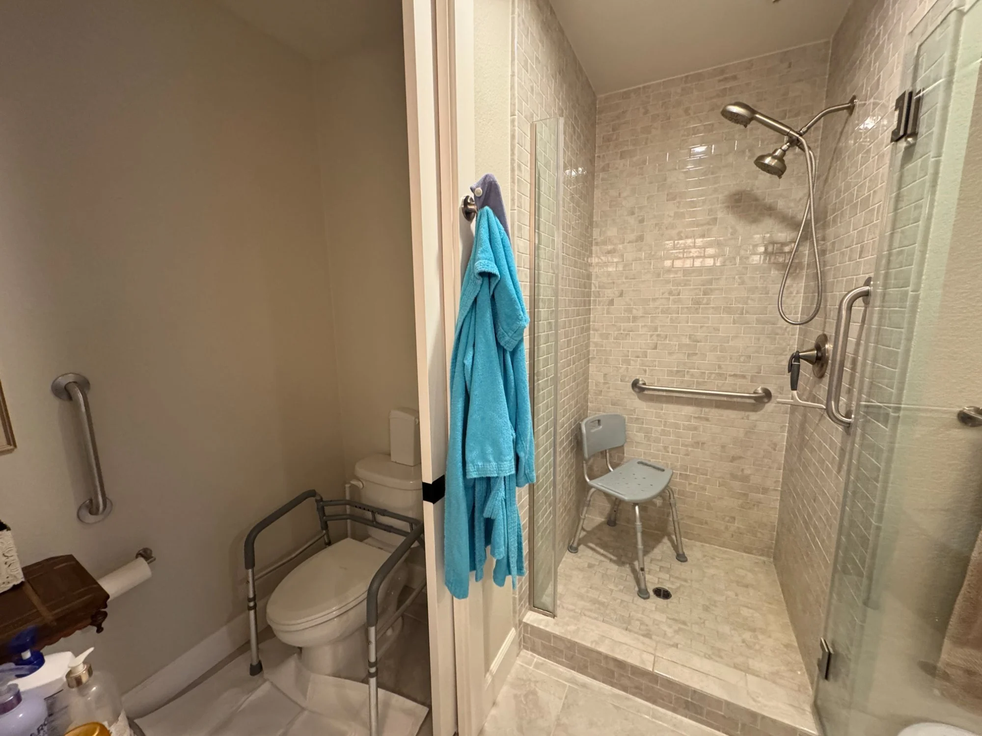 Bathroom with walk-in shower grab bars and toilet safety support frame, Northern California