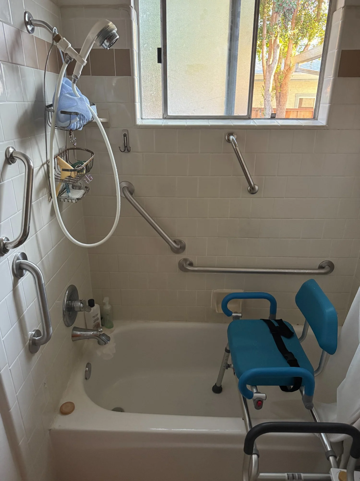 Bathtub grab bar system with transfer bench and handheld shower, home accessibility installation East Bay