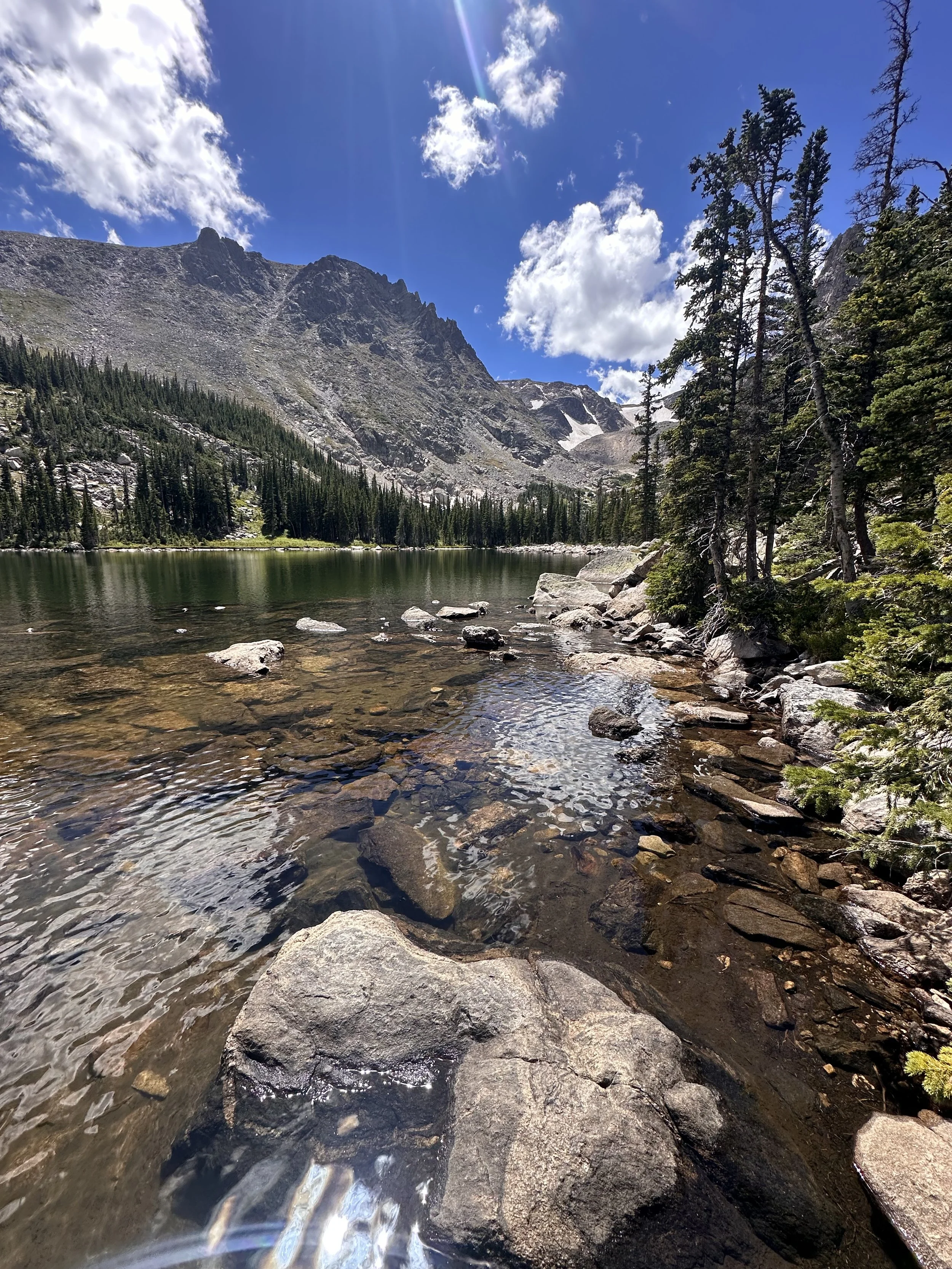 A mountain lake with clear water, surrounded by tall pine trees and rocky terrain under a blue sky with scattered clouds.