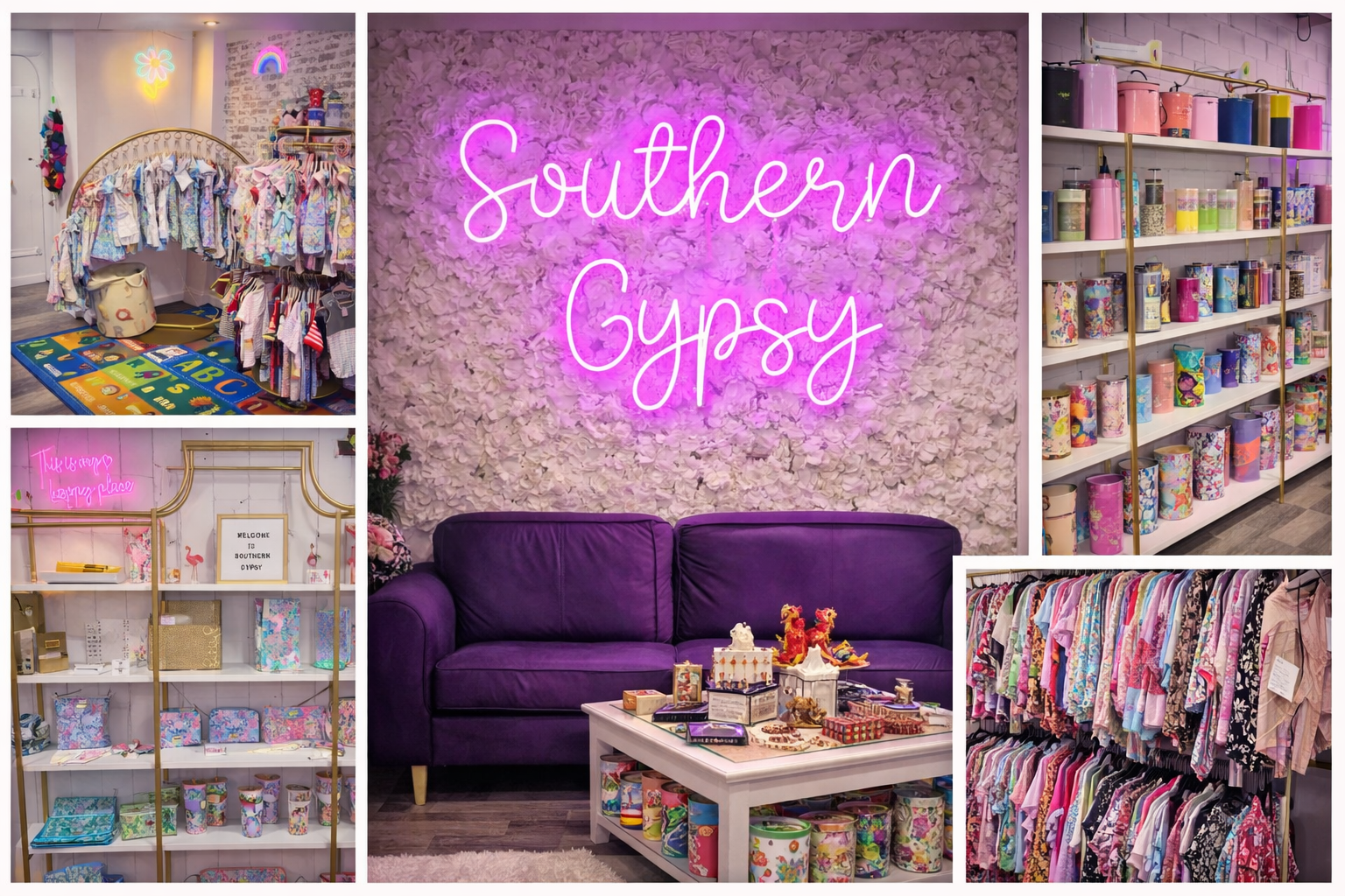 A boutique store named Southern Gypsy with a pink neon sign on a floral wall, displaying clothing racks with colorful clothes, shelves with patterned tins, and a purple couch with a decorated table.
