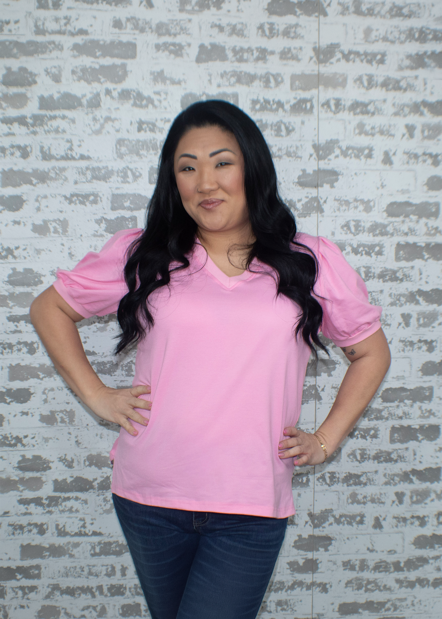 Pink V Neck Puff Sleeve