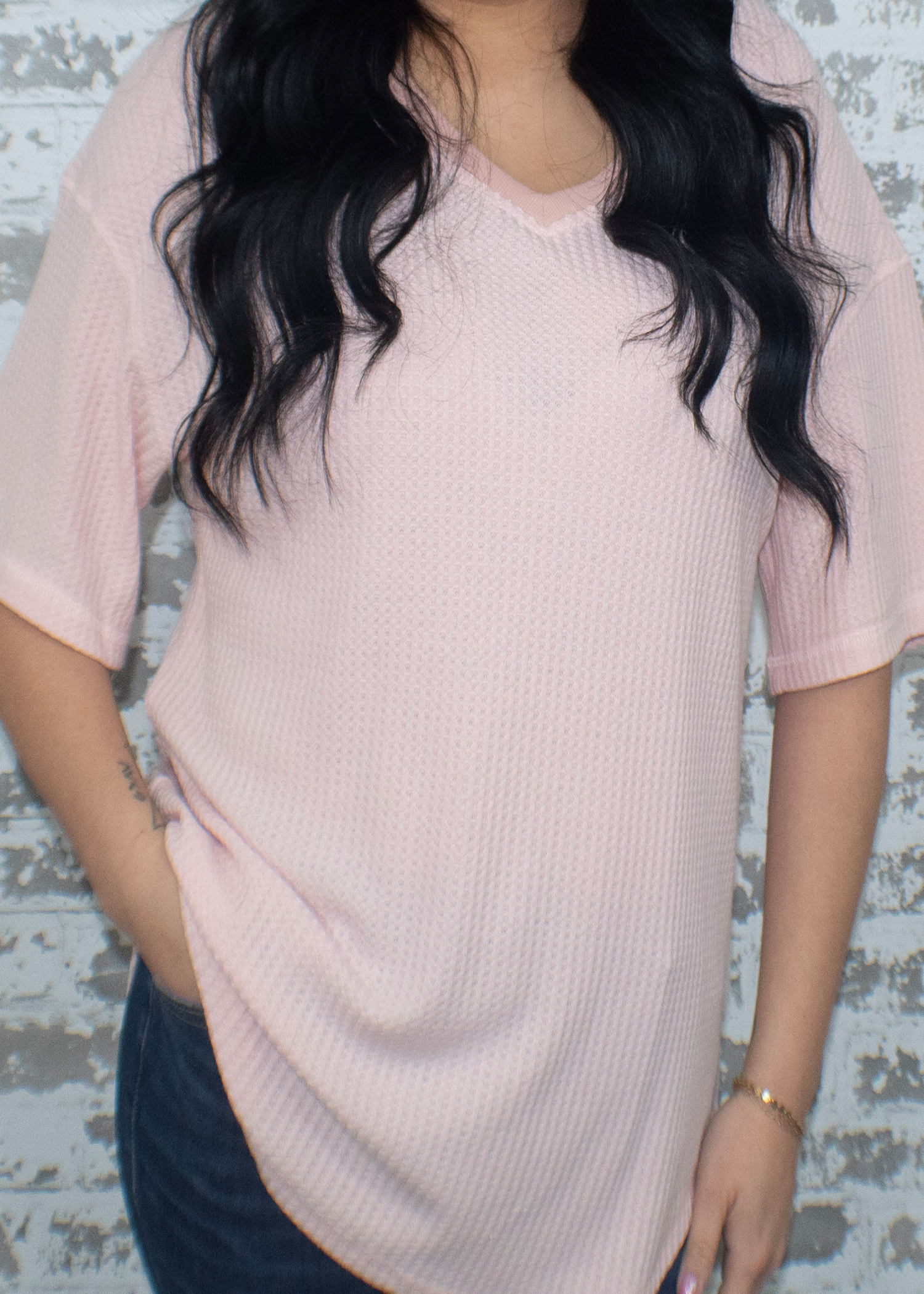 Pink Waffle Knit V Neck