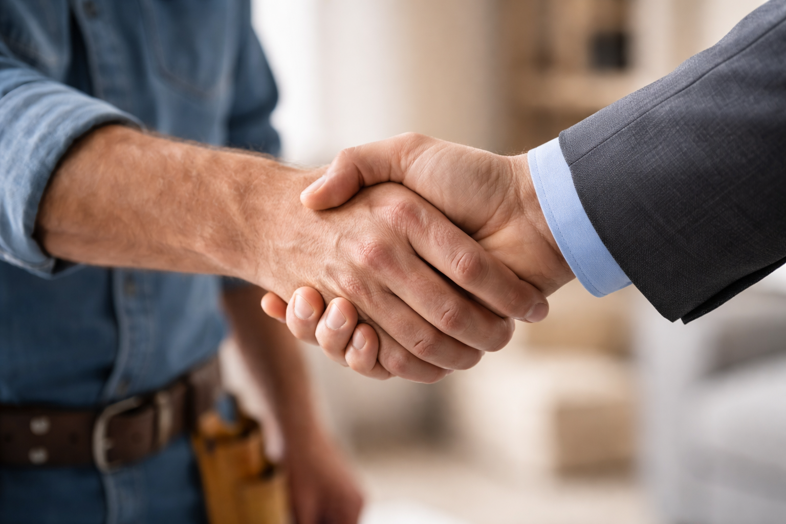 Two people shaking hands, one in casual clothing and the other in a business suit.