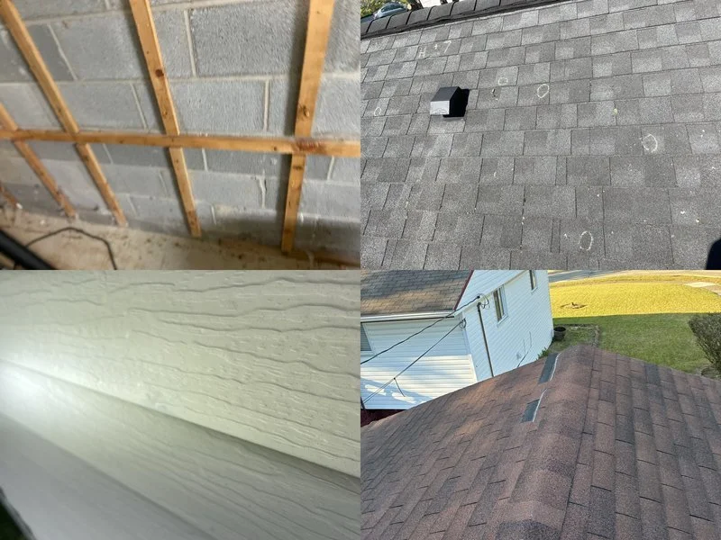 A collage of four images showing construction and roofing details: a wooden wall framing inside a building, a rooftop with vent pipes, a close-up of textured beige siding, and a slightly sloped roof with shingles and a white house in the background.