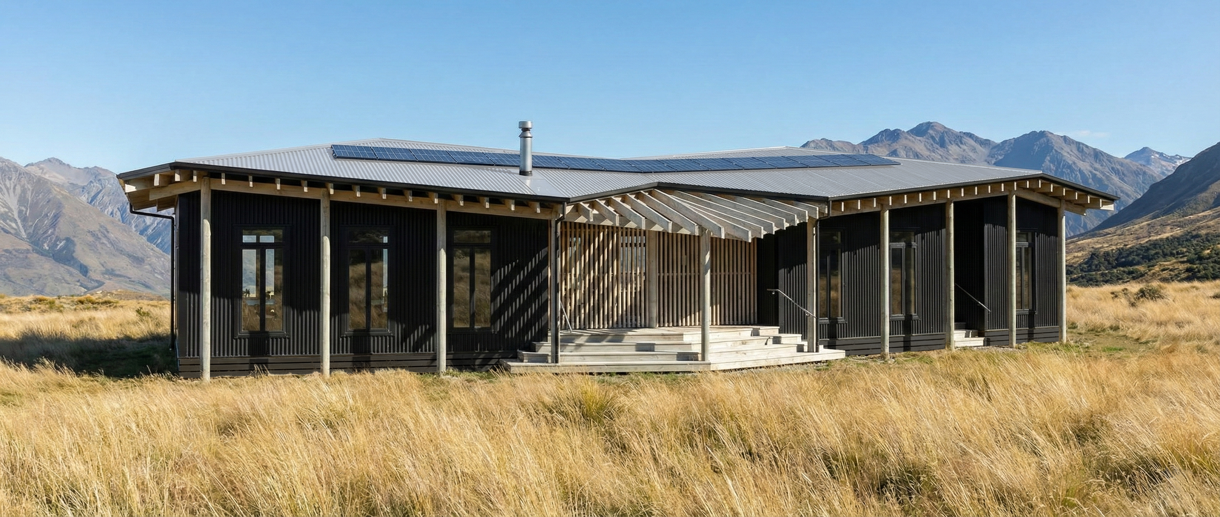 Modern house with black exterior walls and solar panels on the roof, set in a grassy field with mountains in the background.