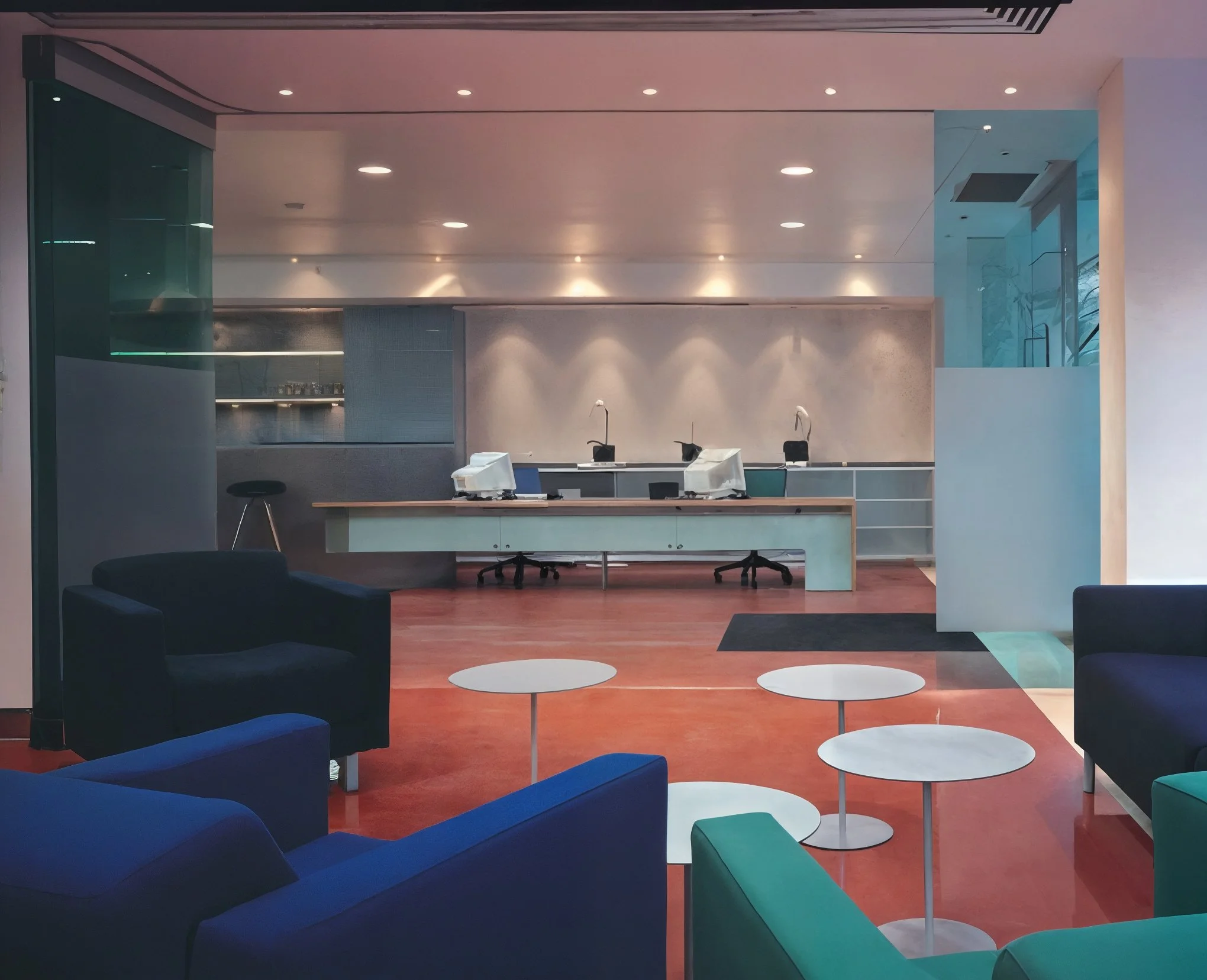Modern empty lobby with black, blue, and green armchairs, white side tables, and a reception area with white desks and chairs in the background.