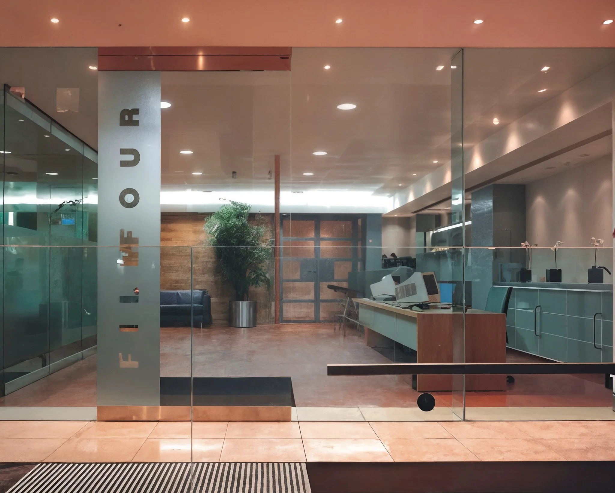 Office reception area with a glass wall, reception desk with computers, a plant, a blue sofa, and seating area in the background.