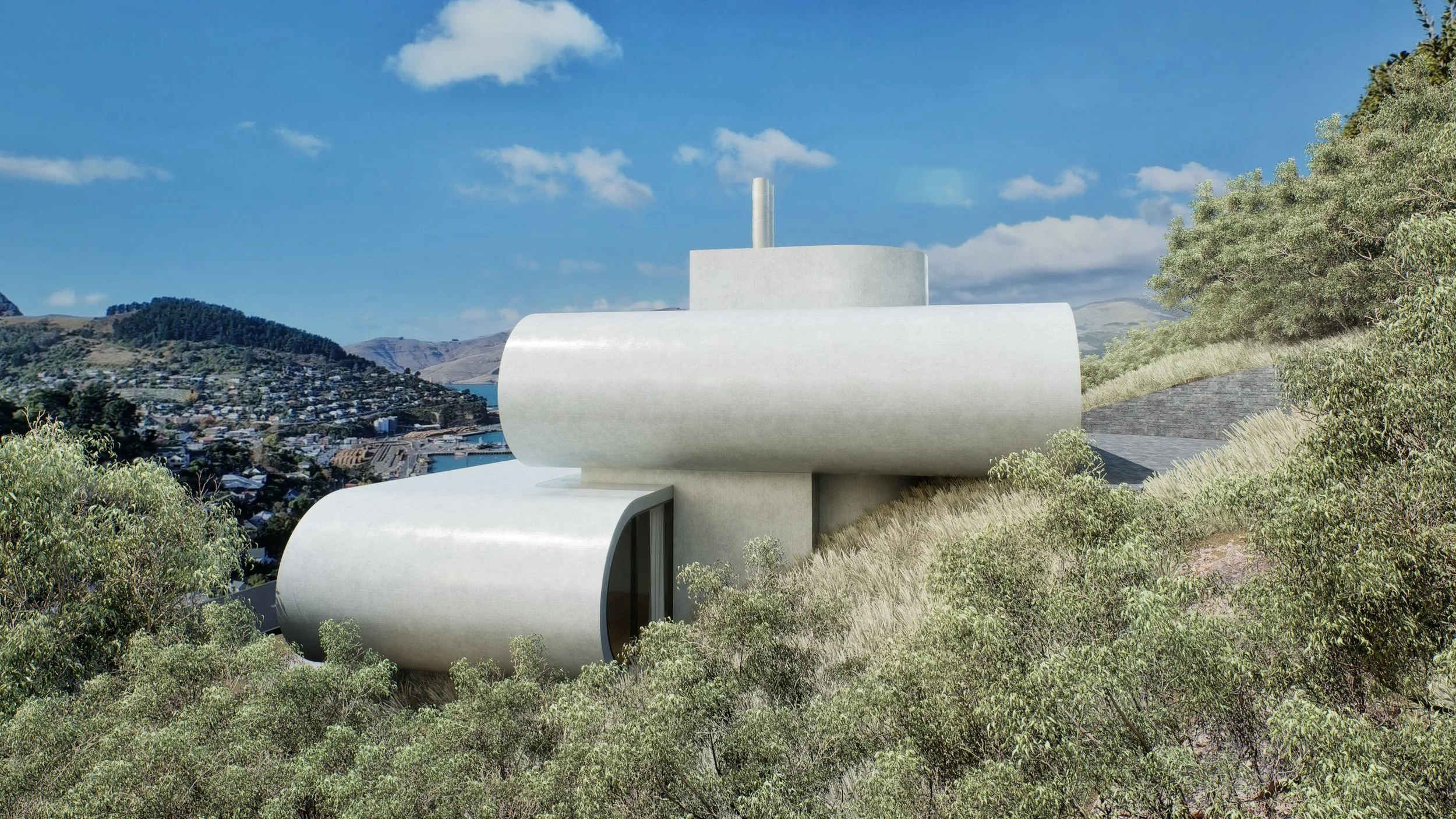 Modern white architectural building with curved and cylindrical shapes situated on a hillside surrounded by green bushes and trees, overlooking a town and harbor in the distance under a blue sky with scattered clouds.