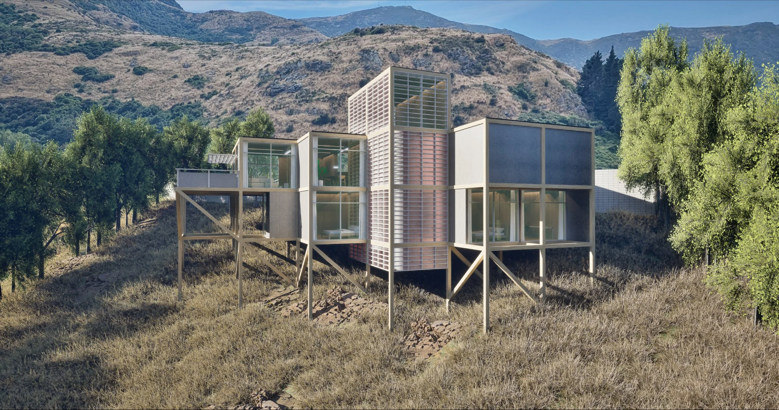 Modern house on stilts in a hilly, wooded landscape with mountains in the background.