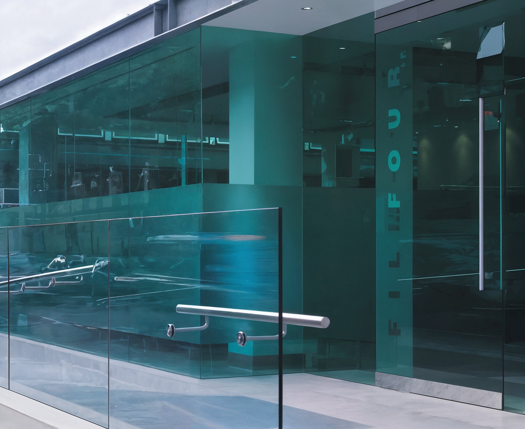 Modern building with large glass windows and doors, marked with a vertical sign reading 'FELLOFF'.