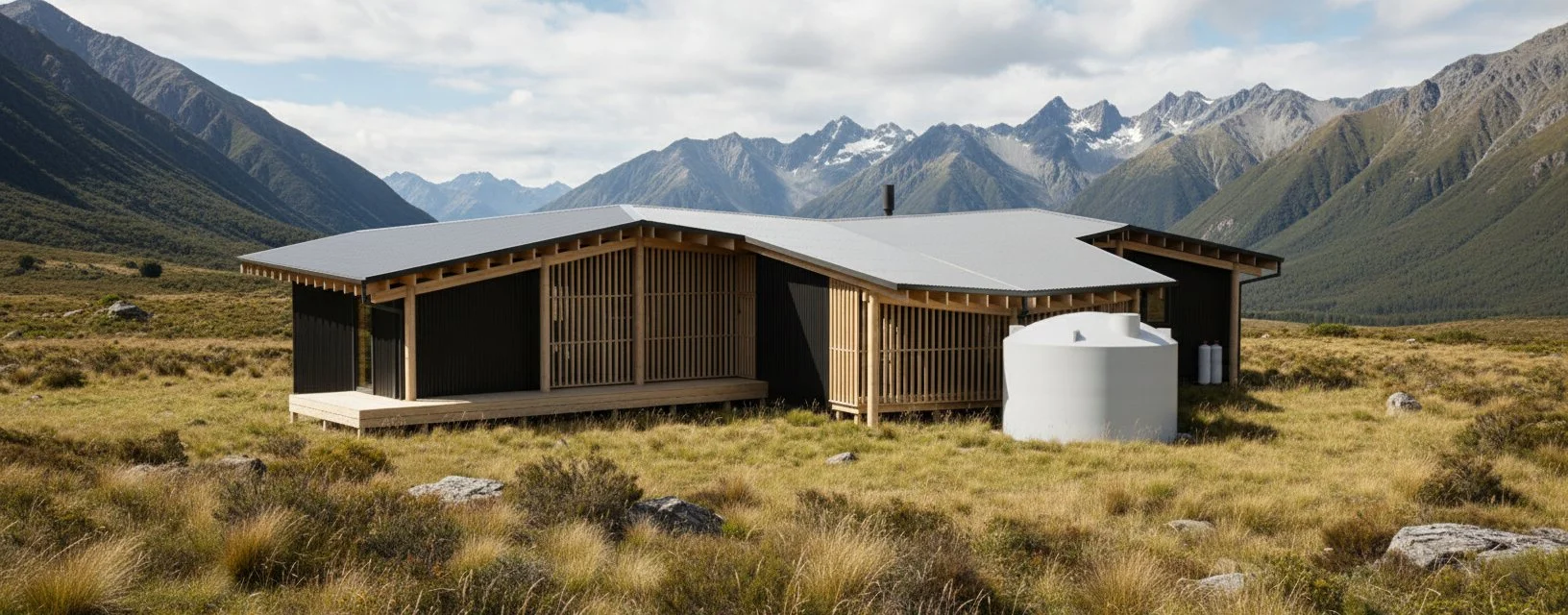 Modern wooden cabin with sloped roof situated in a grassy valley surrounded by mountains with snow-capped peaks in the distance.