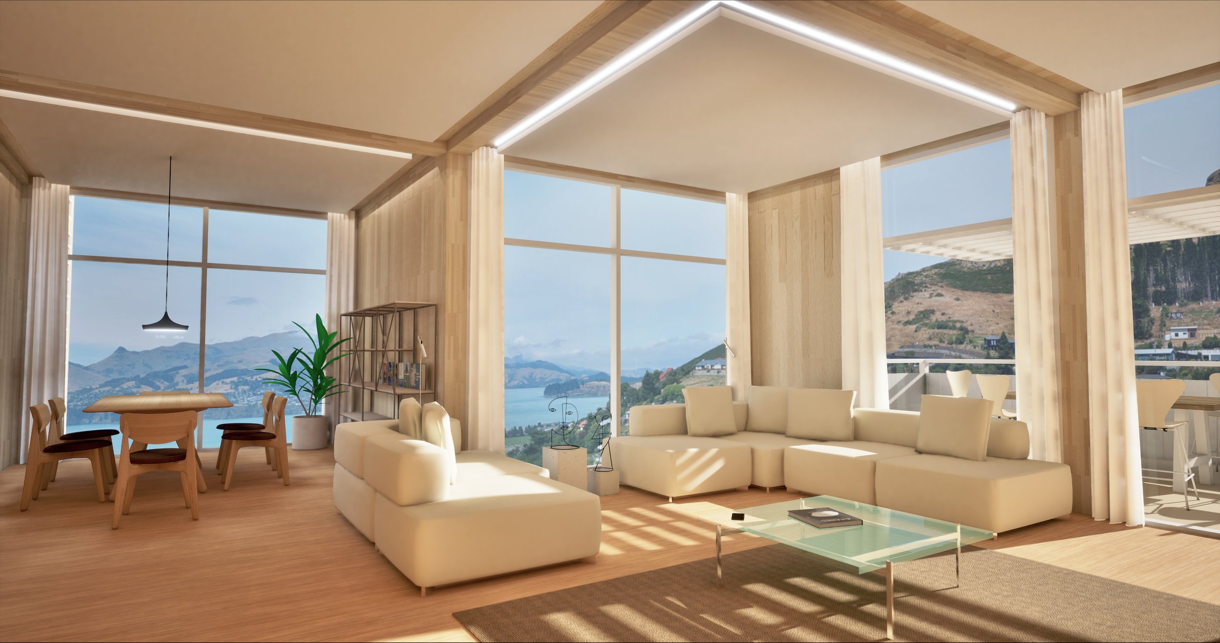 Modern living room with large glass windows overlooking mountains and water, beige sectional sofa, glass coffee table, wooden dining table with chairs, potted plant, and decorative objects.