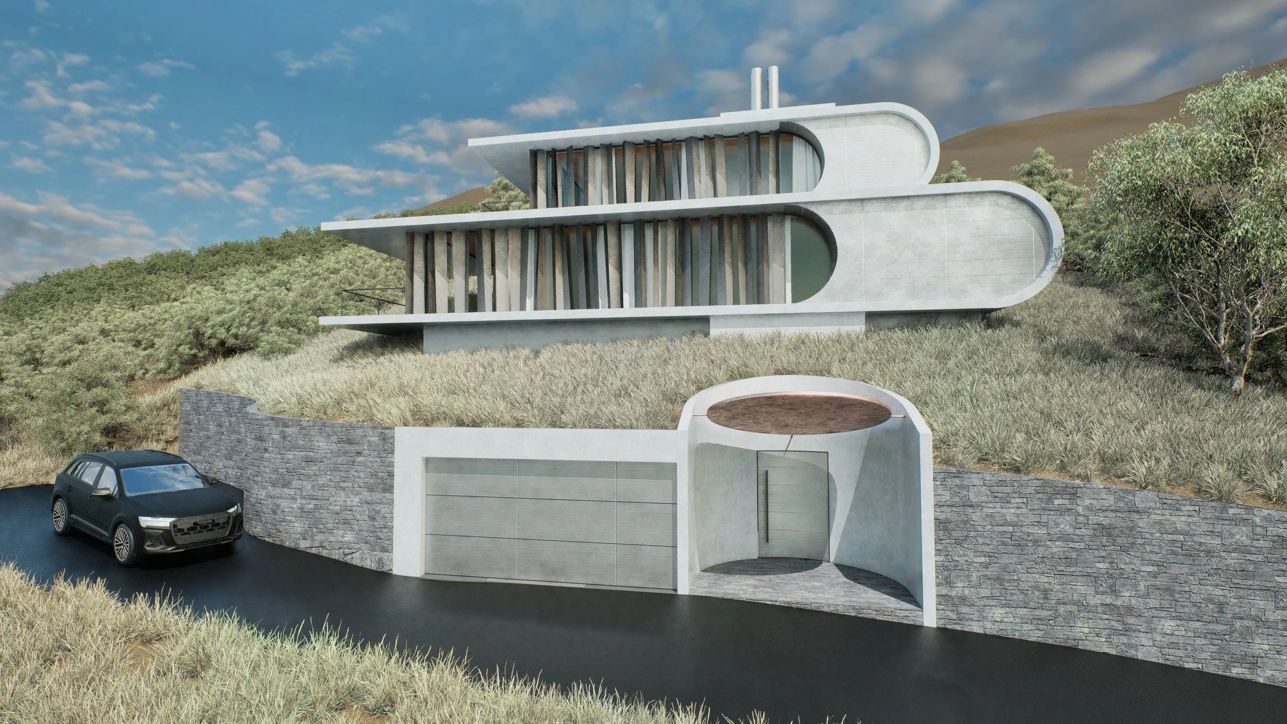 Modern multi-story house with curved design elements on a hillside, garage door, and a parked black SUV on a winding driveway, surrounded by grass, trees, and a blue sky with clouds.