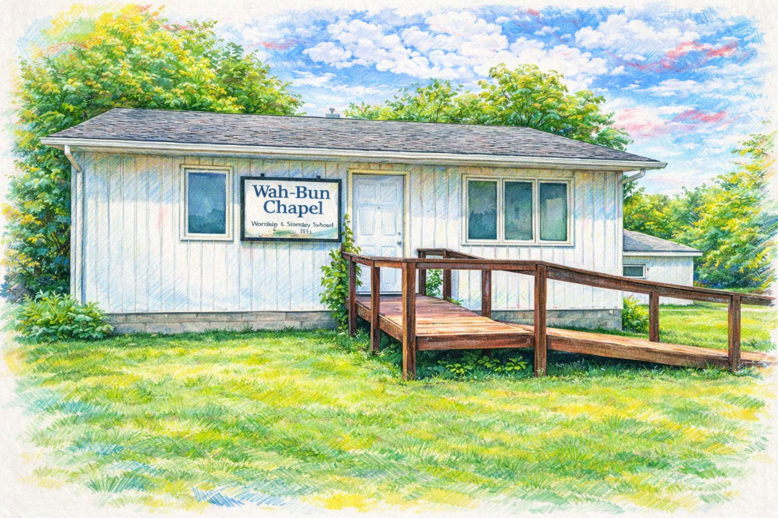 Watercolor painting of Wah-Bun Chapel, a small white building with four windows, a door, a wooden ramp, green grass, bushes, trees, and a blue sky with clouds.